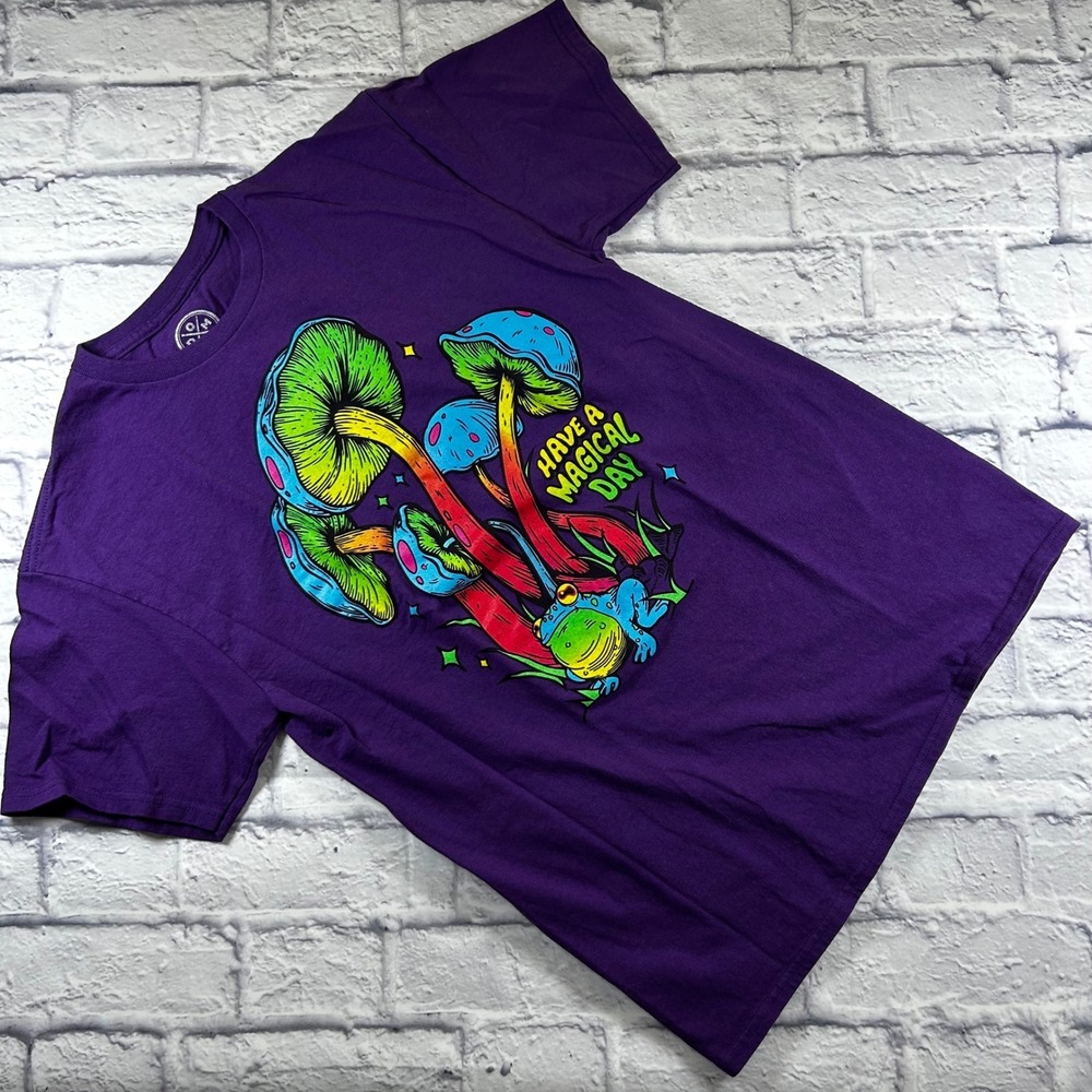 DOM Mens Purple Mushroom Frog Have a Magical Day Graphic T-Shirt Medium